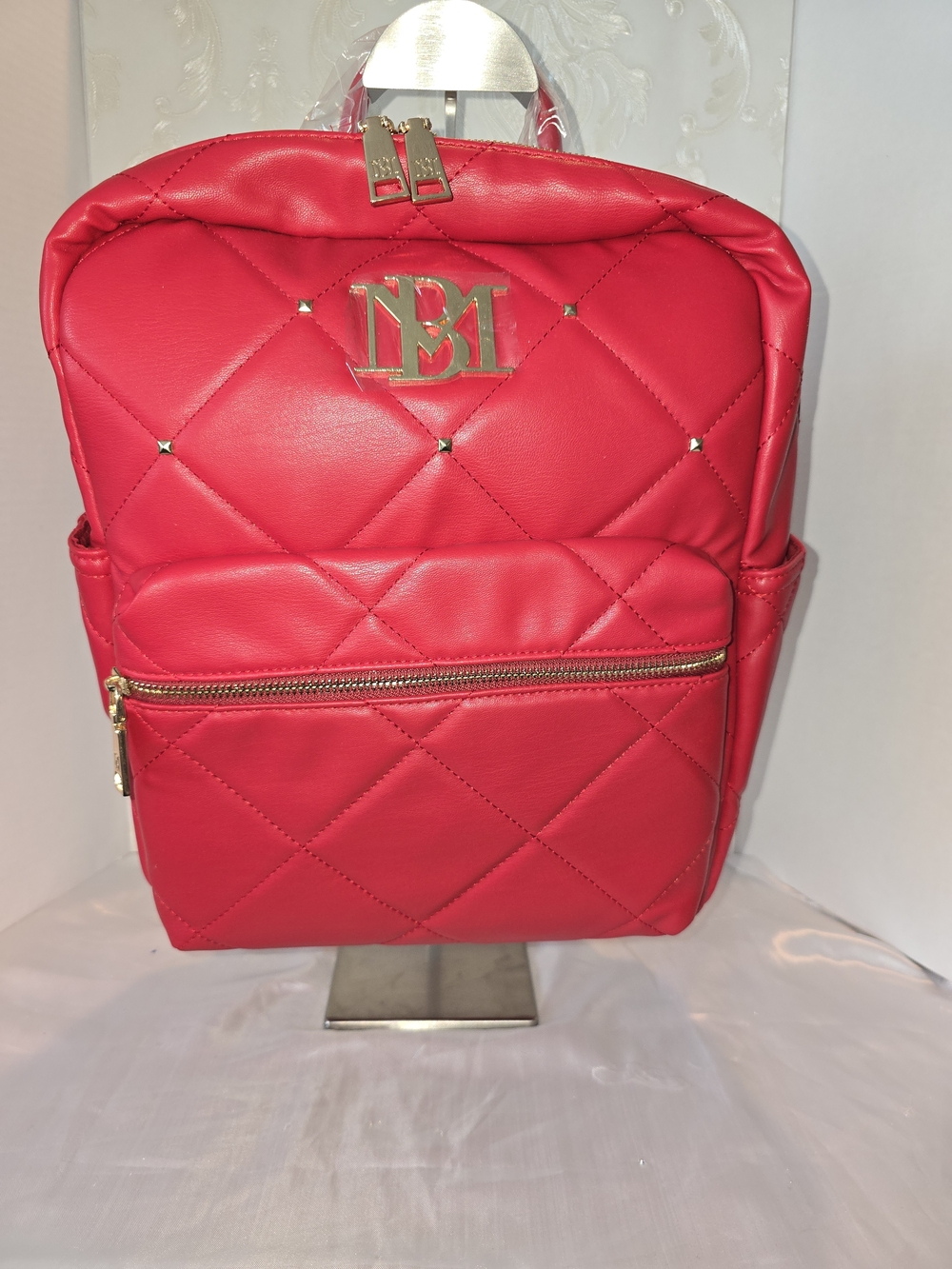 BADGLEY MISCHKA Quilted Red Women's Backpack with Gold Logo